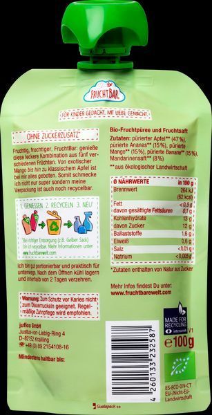 Фруктове пюре FruchtBar з ананасом, мандарином, манго, бананом та яблуком, для дітей від 6 місяців, 100 г 2470814505 фото