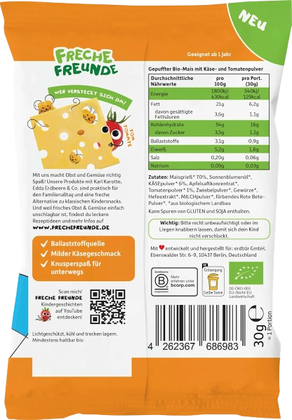 Кукурудзяні снеки з сиром і томатом Freche Freunde для дітей від 1 року, 30 г 3195944687 фото