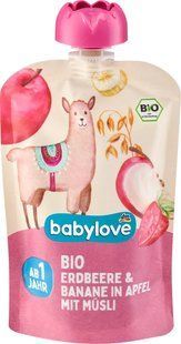 Фруктово-злакове пюре Babylove з полуницею, бананом, яблуком та мюслі, для дітей з 12 місяців, 100 г 1893678926 фото