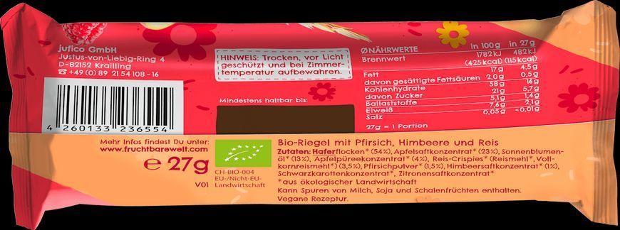Фруктово-злаковий батончик FruchtBar персик-малина з рисовими кріспами для дітей від 3 років, 27 г 2456360785 фото